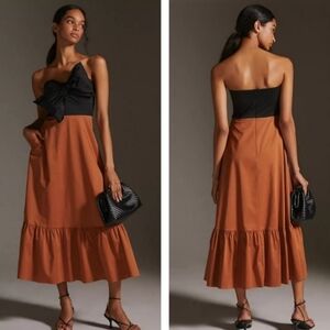 Anthropologie × Hutch Black Motif Bow Tie Strapless Ruffled Maxi Dress Size 16